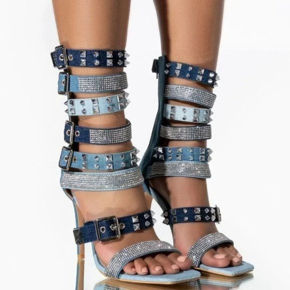 Callie Spiked & Studded: Denim Gladiator Stiletto Sandal 7.5 - Picture 2 of 5